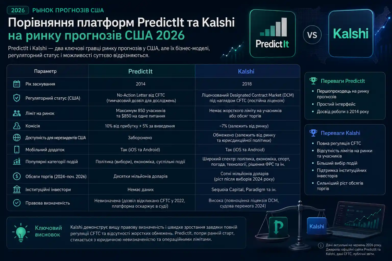 Порівняння платформ PredictIt та Kalshi на ринку прогнозів США 2026